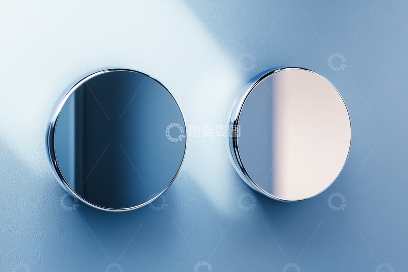 高清大图下载【趣麦麦图】两个圆形镜面物体在蓝色背景上的对比