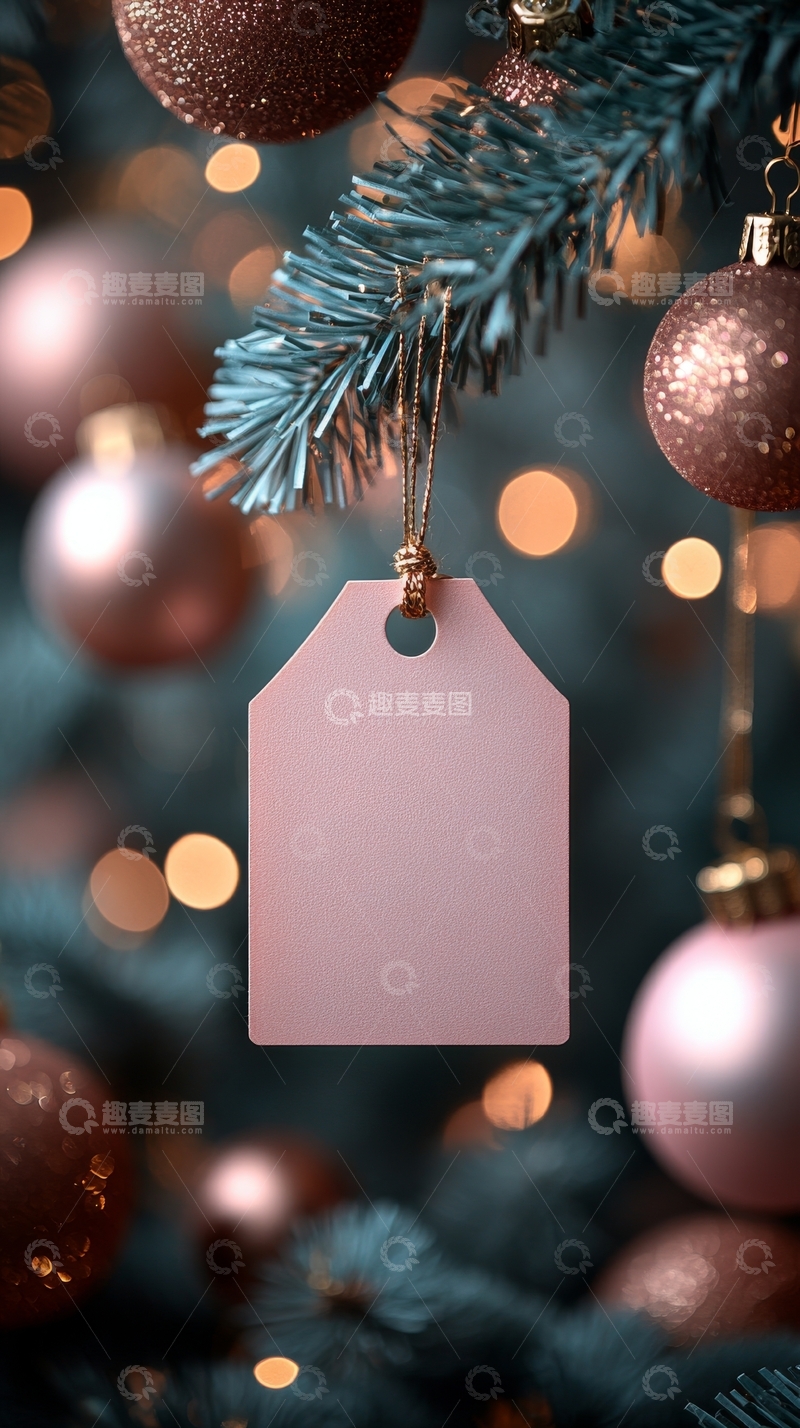 高清大图下载【趣麦麦图】圣诞树上的粉色标签与装饰球