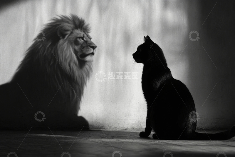 高清大图下载【趣麦麦图】黑白对比：狮子与黑猫的对视