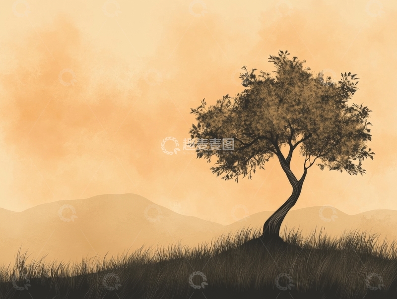 高清大图下载【趣麦麦图】孤树山丘夕阳景色