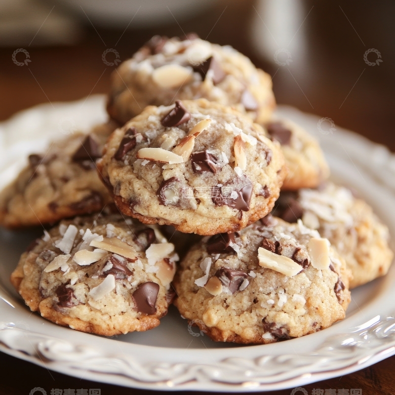 高清大图下载【趣麦麦图】巧克力杏仁椰丝饼干堆叠在白色盘子上