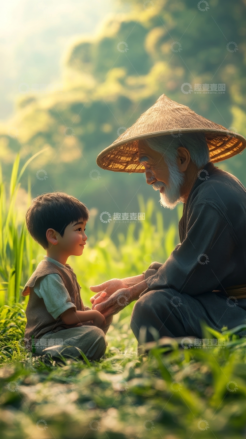 高清大图下载【趣麦麦图】老人与孩童在田野中的温馨对话