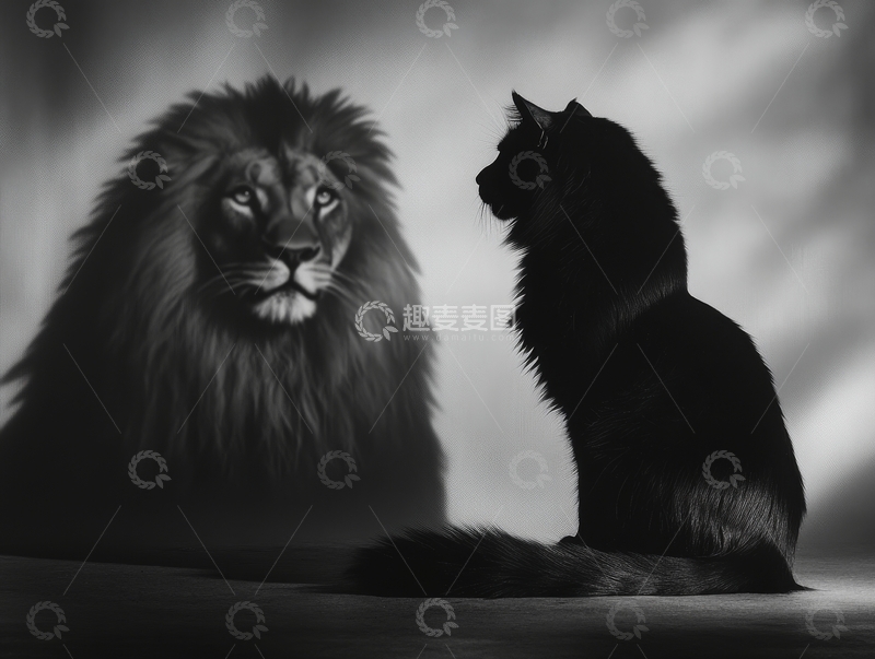高清大图下载【趣麦麦图】黑白对比：狮子与黑猫的对视