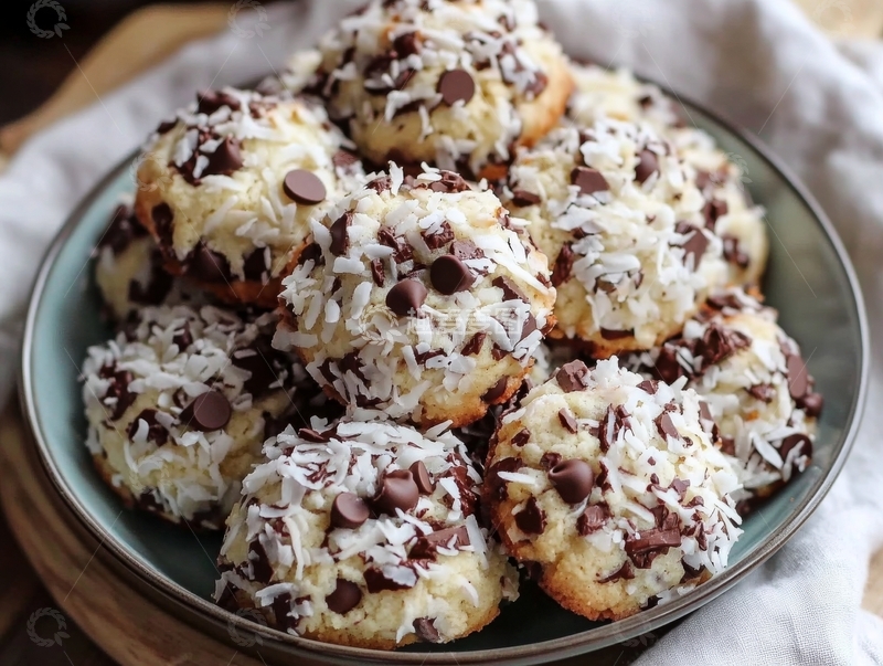 高清大图下载【趣麦麦图】椰蓉巧克力饼干堆叠在盘中