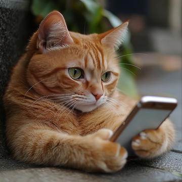 橘猫手持手机，专注凝视