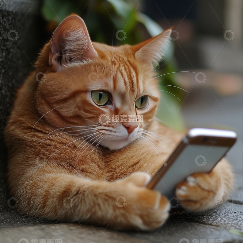 高清大图下载【趣麦麦图】橘猫手持手机，专注凝视
