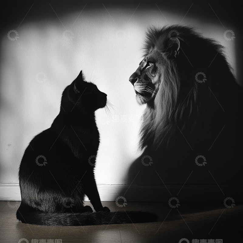 高清大图下载【趣麦麦图】黑猫与狮子的对视