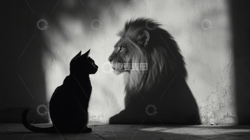 高清大图下载【趣麦麦图】黑猫与雄狮的对视