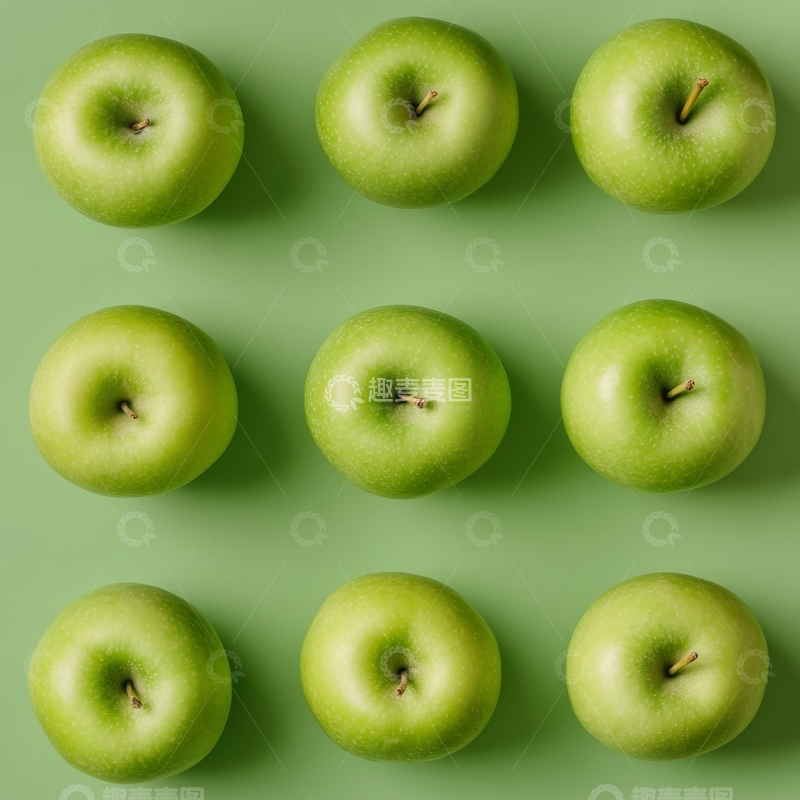 高清大图下载【趣麦麦图】九个绿色苹果排列在浅绿背景上