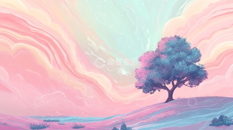 高清大图下载【趣麦麦图】梦幻树下的粉色天空