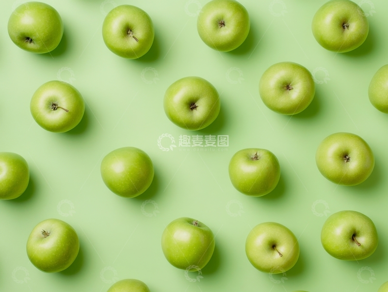 高清大图下载【趣麦麦图】绿色背景上的排列整齐的青苹果