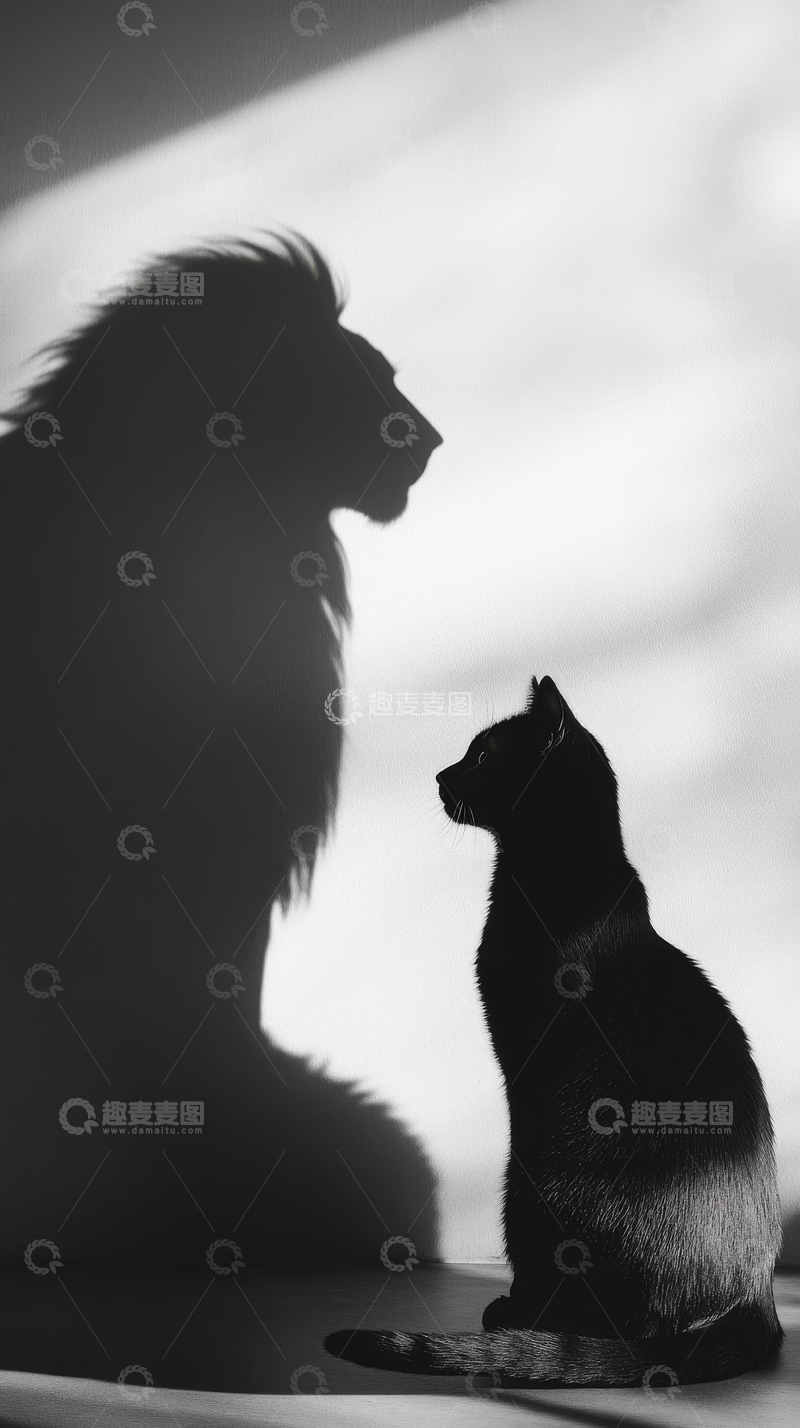 高清大图下载【趣麦麦图】狮子与猫的剪影对话