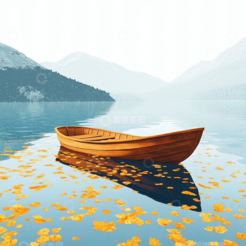 高清大图下载【趣麦麦图】静谧湖面的木舟与落叶