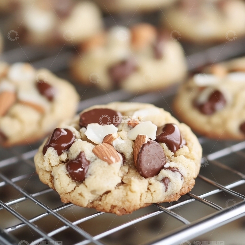 高清大图下载【趣麦麦图】巧克力杏仁饼干，冷却架上