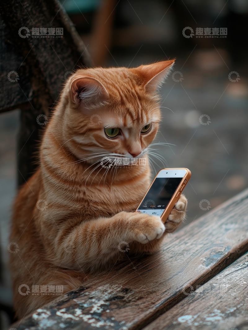 高清大图下载【趣麦麦图】橘猫手持手机，专注凝视屏幕
