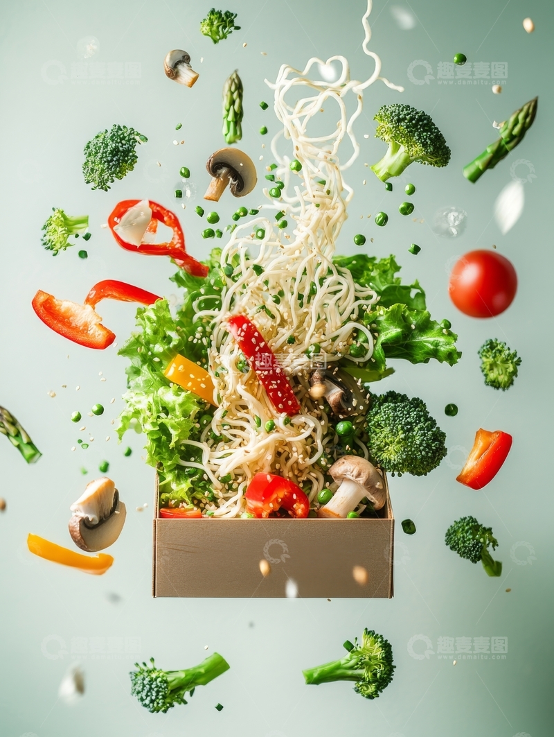 高清大图下载【趣麦麦图】蔬菜面条空中飞舞的美食场景