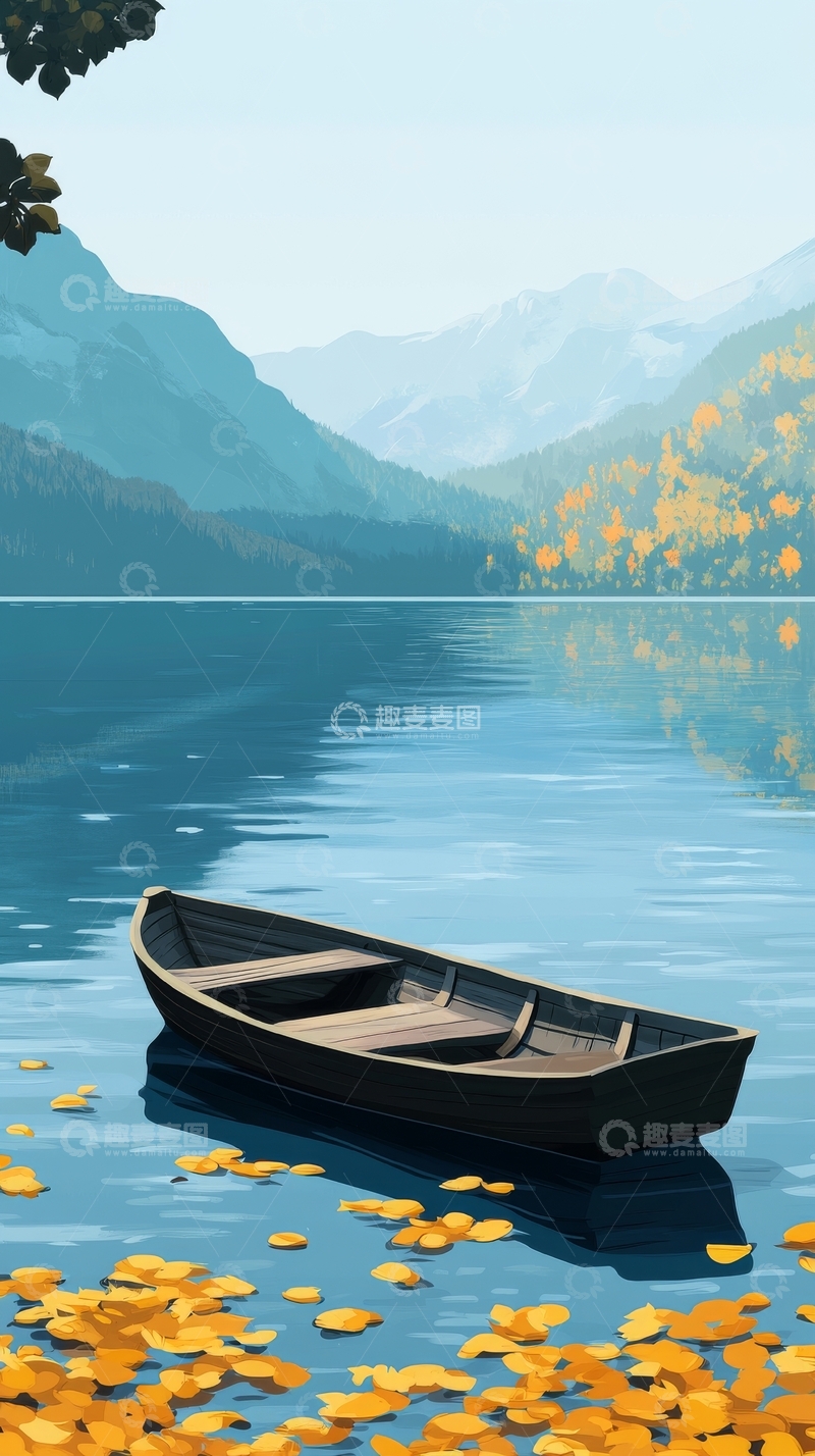 高清大图下载【趣麦麦图】湖畔孤舟，秋叶飘零