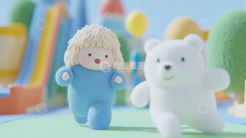 高清大图下载【趣麦麦图】卡通人物与小熊在彩色背景中