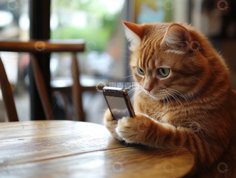 高清大图下载【趣麦麦图】橘猫专注玩手机