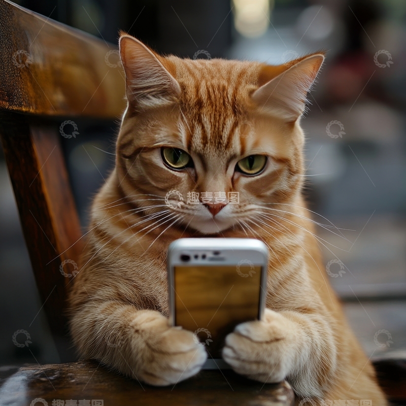 高清大图下载【趣麦麦图】橘猫手持手机，专注凝视
