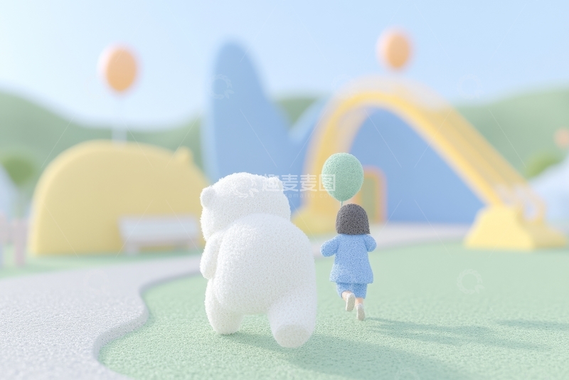 高清大图下载【趣麦麦图】小熊与女孩在梦幻游乐场