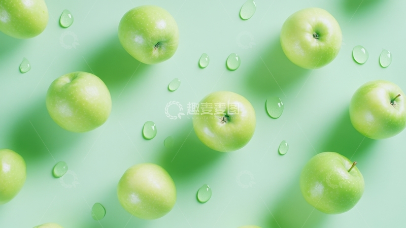 高清大图下载【趣麦麦图】绿色苹果与水滴在浅绿背景上