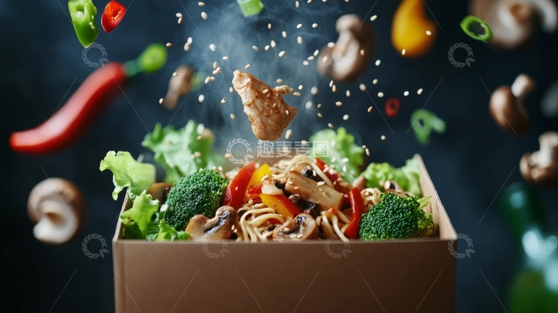 高清大图下载【趣麦麦图】蔬菜鸡肉炒面跃动瞬间