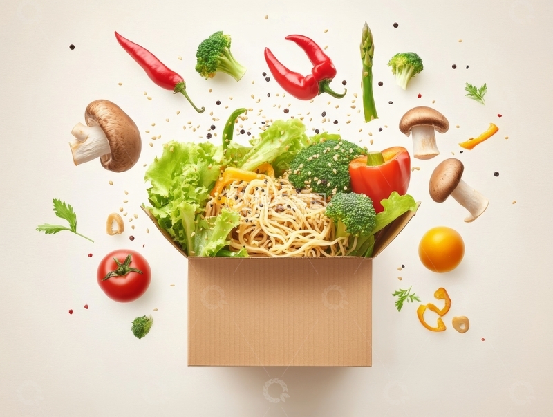 高清大图下载【趣麦麦图】新鲜蔬菜与面条从纸箱中跃出