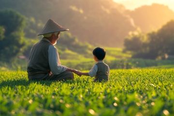 祖孙田间共坐，夕阳映照温馨