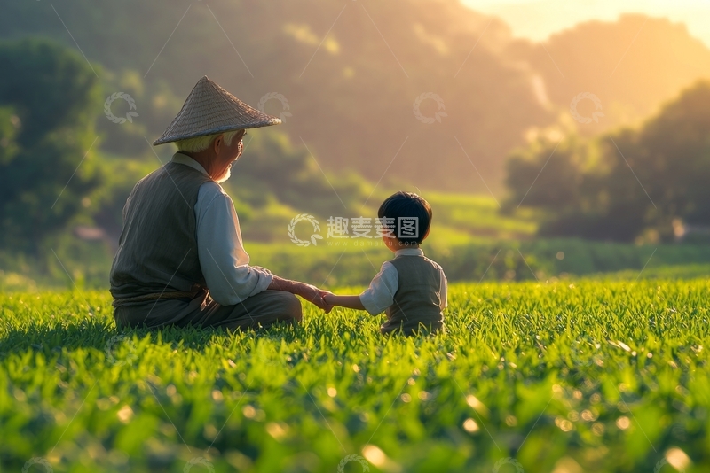 高清大图下载【趣麦麦图】祖孙田间共坐，夕阳映照温馨