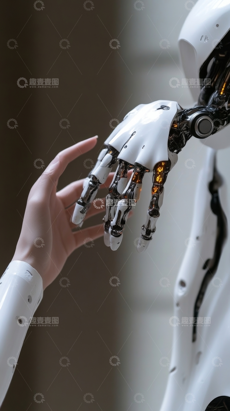 高清大图下载【趣麦麦图】人手与机械臂的触碰瞬间