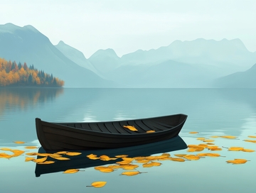 秋日湖面孤舟静谧风景