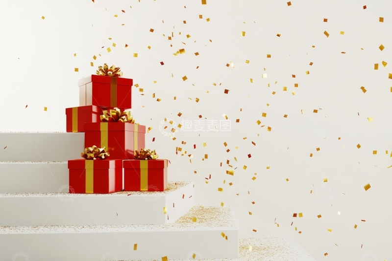 高清大图下载【趣麦麦图】阶梯上的红色礼盒与金色纸屑