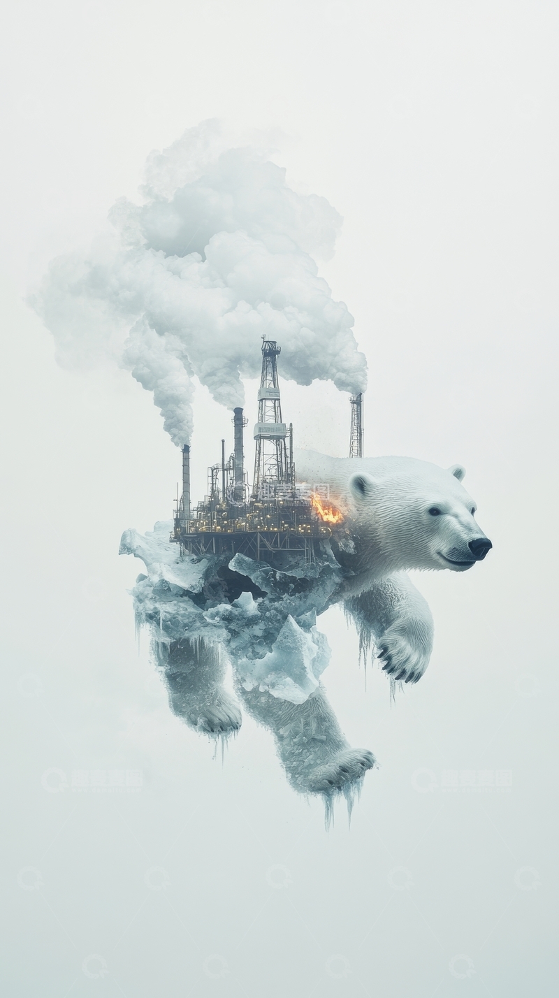 高清大图下载【趣麦麦图】冰川上的工业设施与北极熊