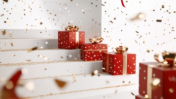 阶梯上的红色礼盒与金色纸屑