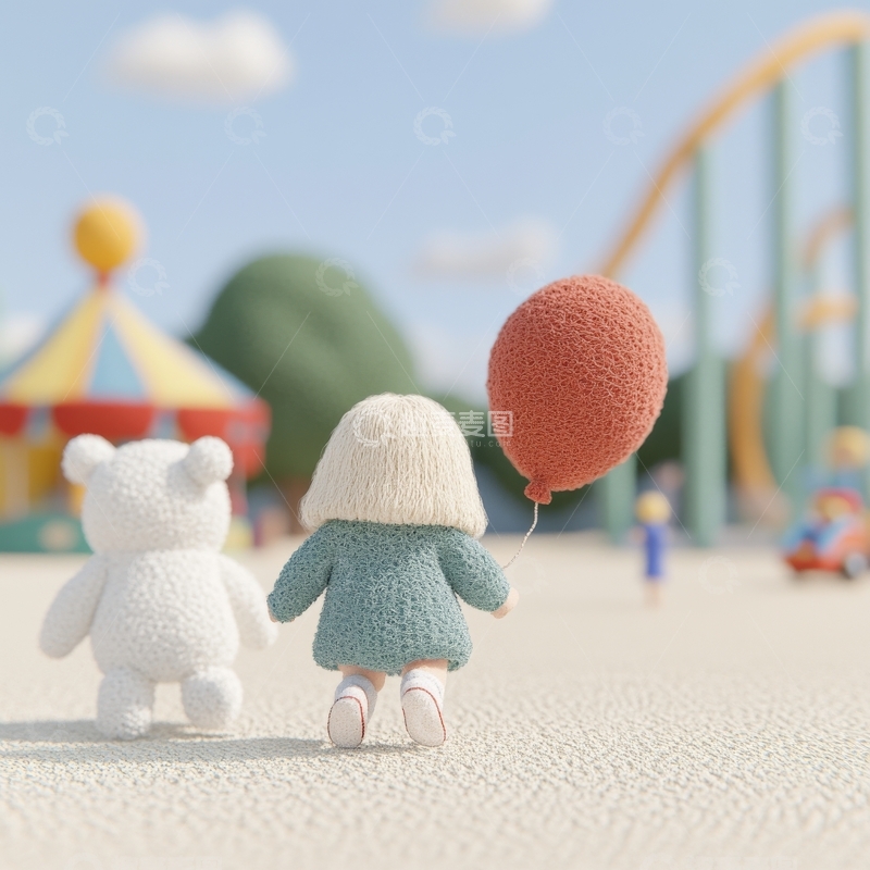 高清大图下载【趣麦麦图】毛绒玩具与小孩在游乐园