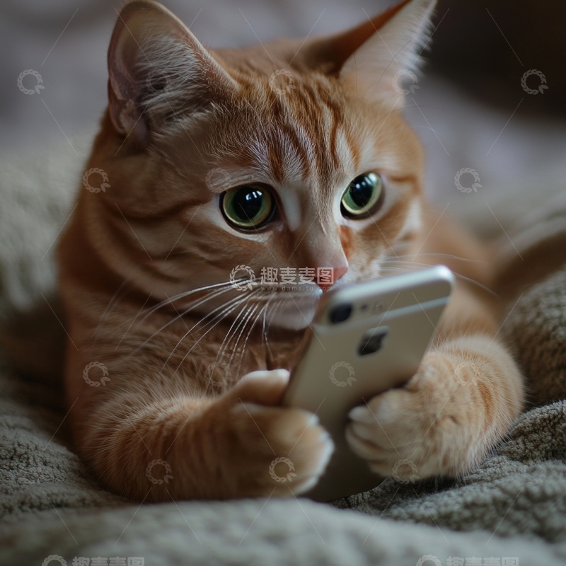 高清大图下载【趣麦麦图】橘猫抱着手机，专注凝视