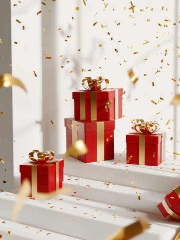 红色礼盒与金色彩带的节日场景