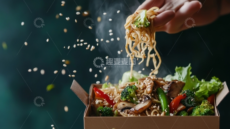 高清大图下载【趣麦麦图】美味炒面盒装餐，蔬菜搭配营养丰富