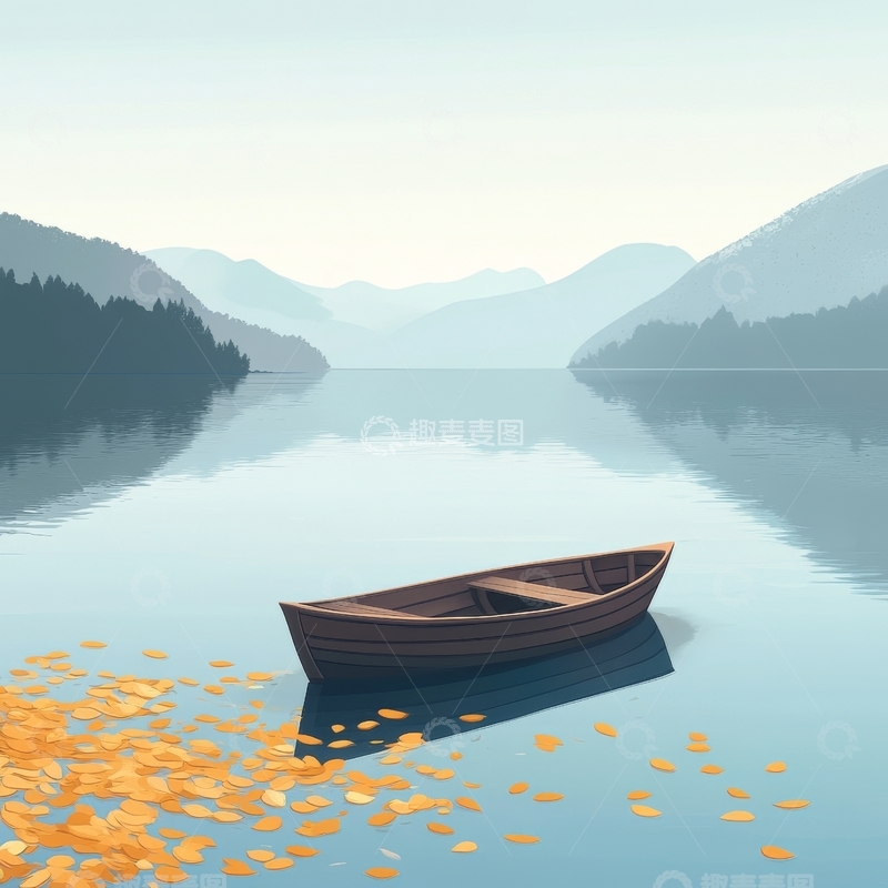 高清大图下载【趣麦麦图】湖面静泊的小船与落叶
