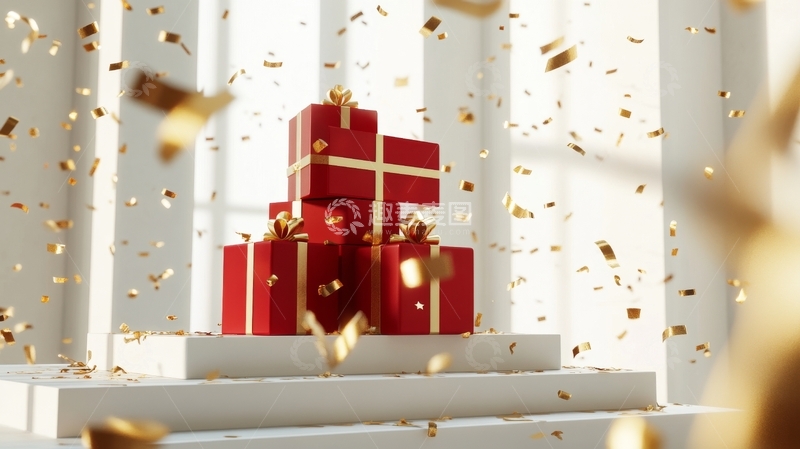 高清大图下载【趣麦麦图】节日礼物堆叠，金色纸屑飘落