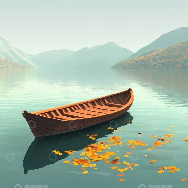 高清大图下载【趣麦麦图】静谧湖面上的木舟与落叶