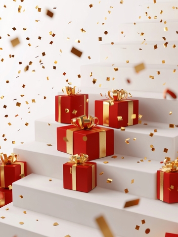 阶梯上的红色礼盒与金色纸屑