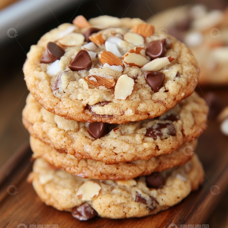 高清大图下载【趣麦麦图】巧克力杏仁饼干叠放特写
