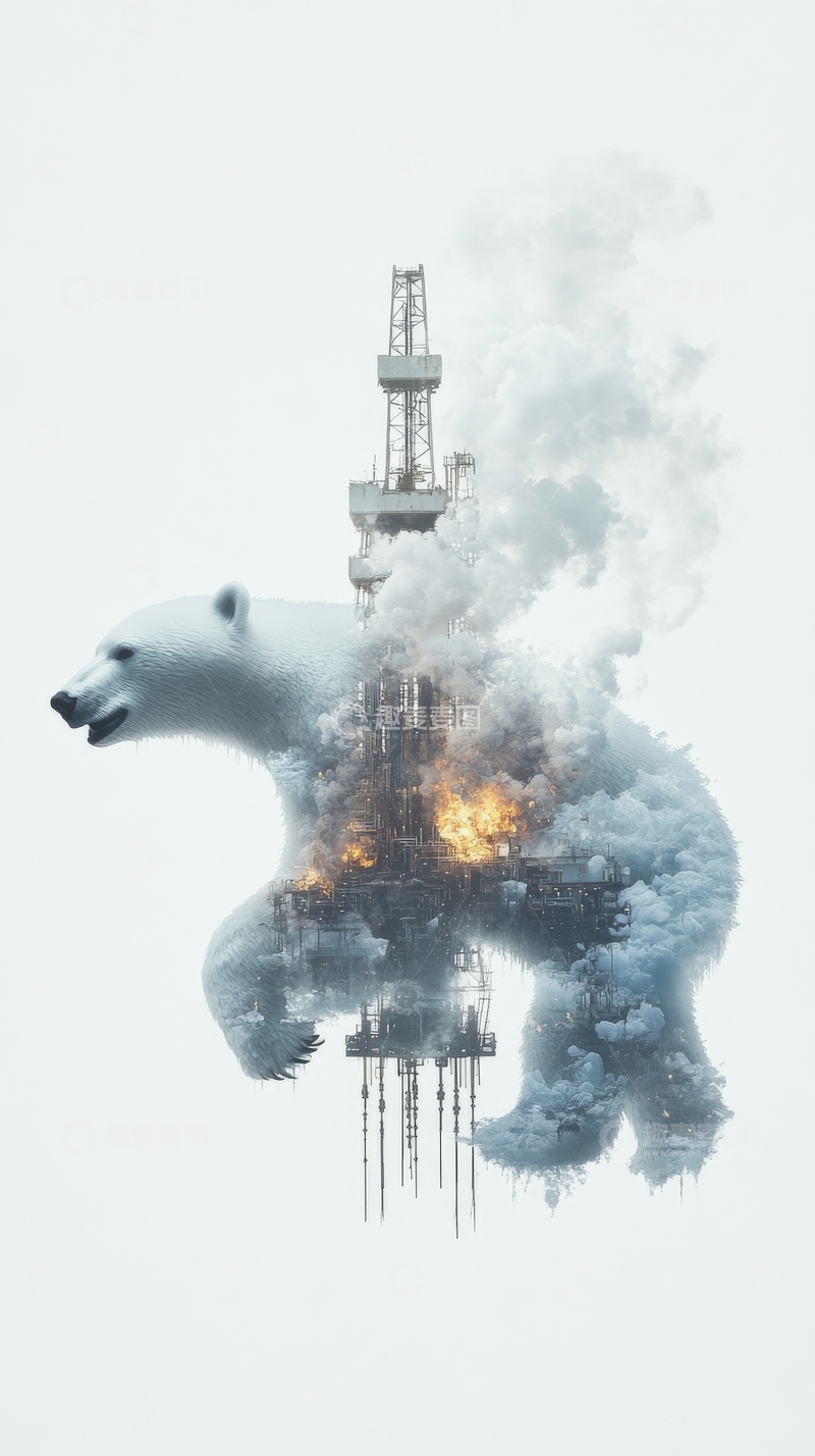 高清大图下载【趣麦麦图】北极熊与燃烧的钻井平台