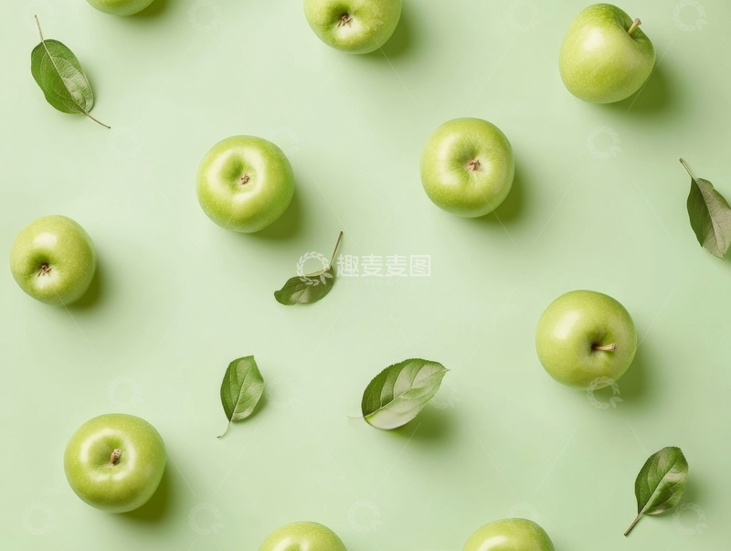 高清大图下载【趣麦麦图】绿色背景上的青苹果与叶子
