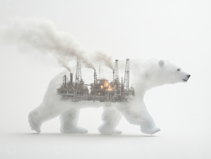 高清大图下载【趣麦麦图】北极熊背负工业设施，烟雾缭绕