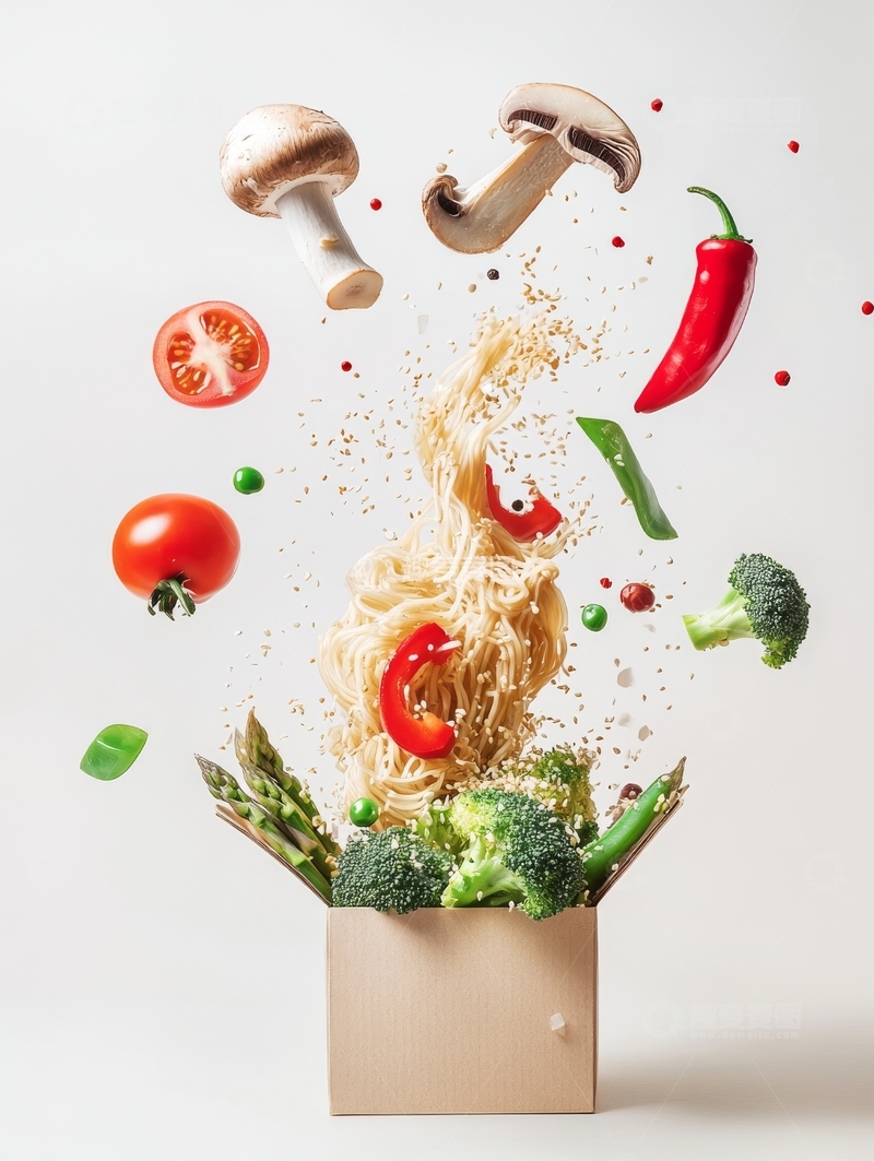 高清大图下载【趣麦麦图】食材跃动，面条与蔬菜的空中碰撞