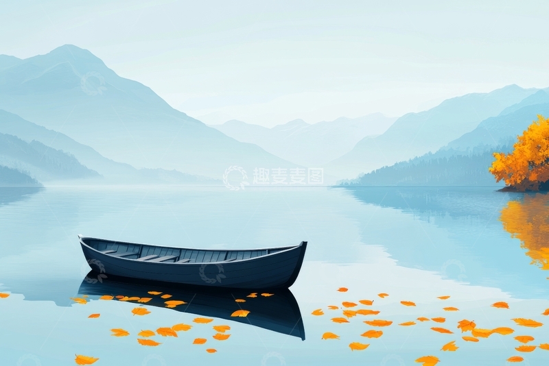 高清大图下载【趣麦麦图】静谧湖面孤舟与秋叶