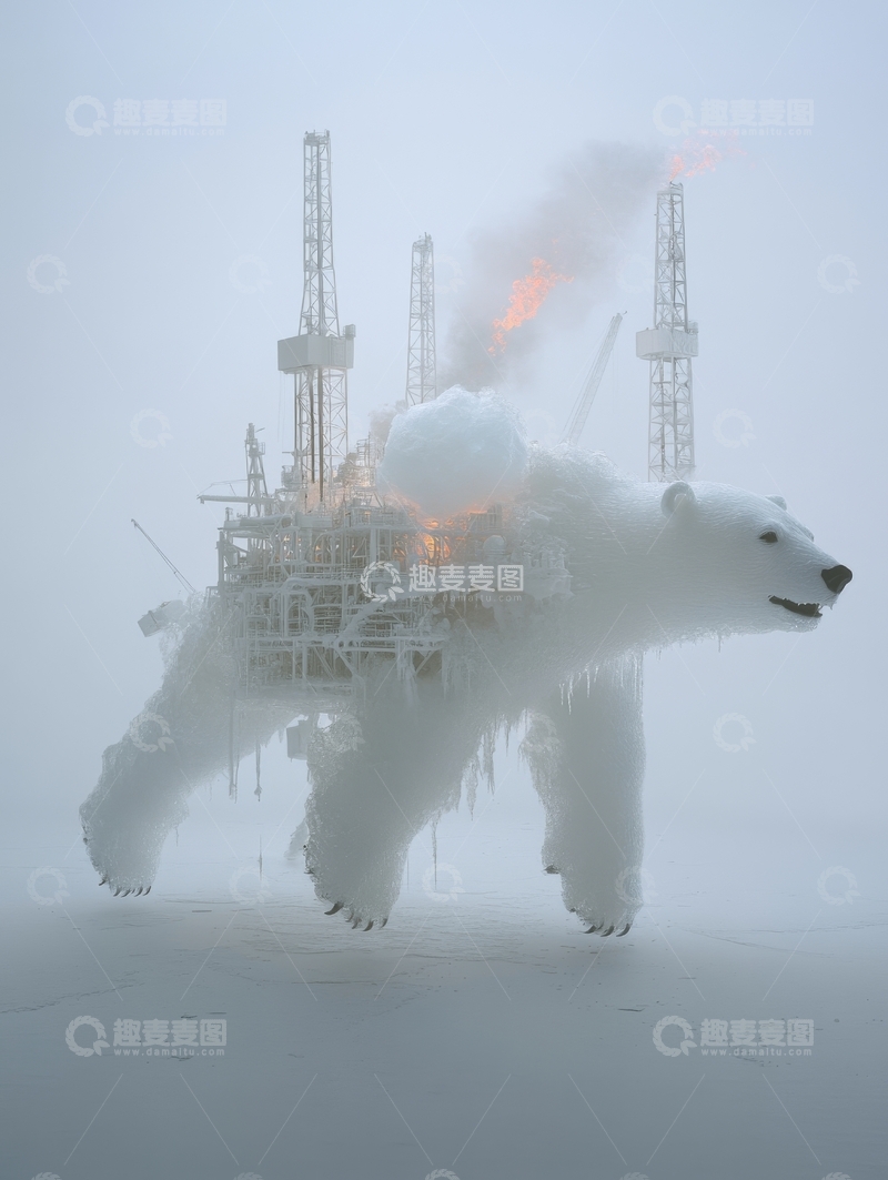 高清大图下载【趣麦麦图】北极熊与海上钻井平台的奇幻结合